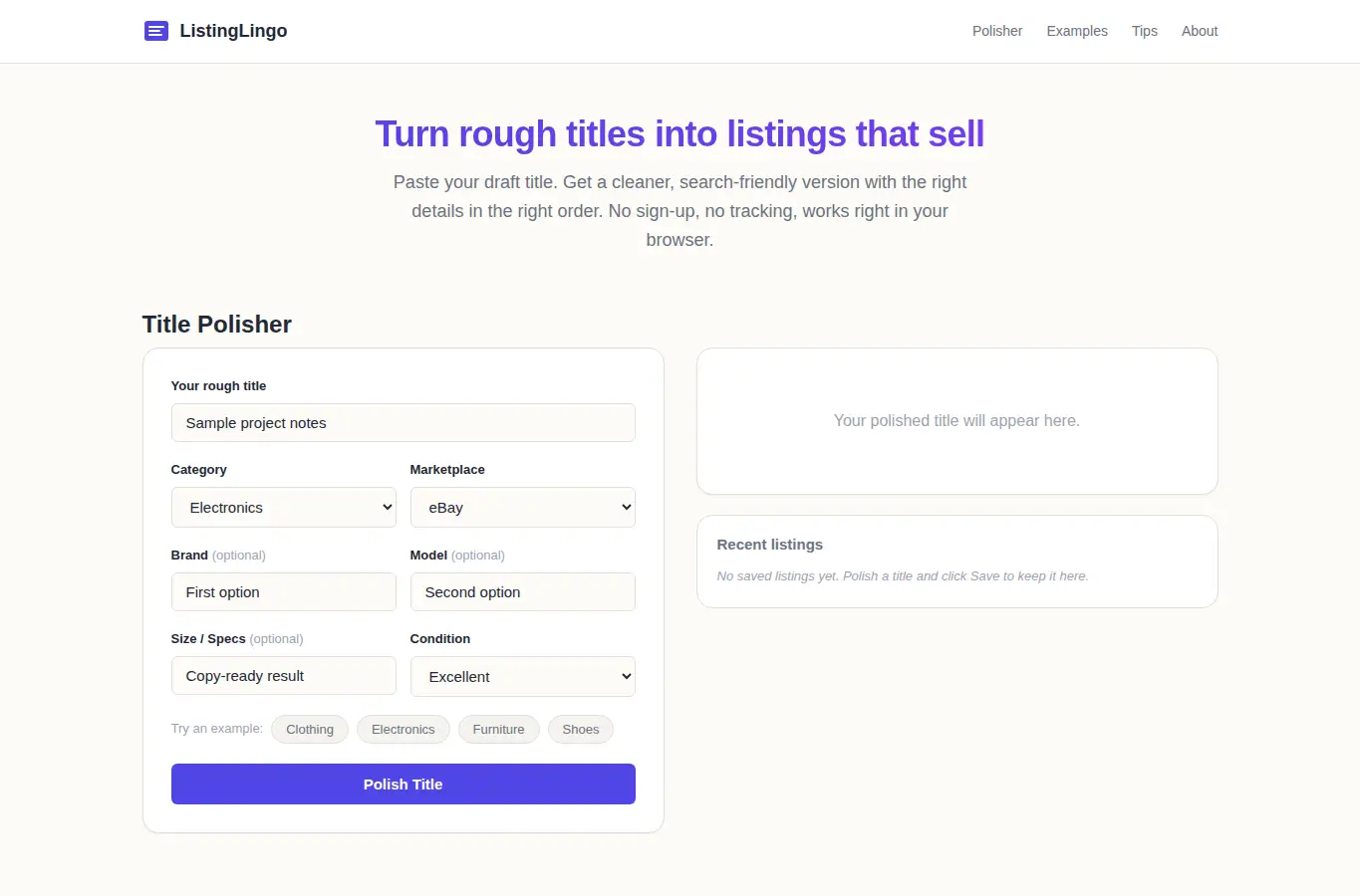 Screenshot of ListingLingo: Used Item Title Polisher interface showing the project page in use